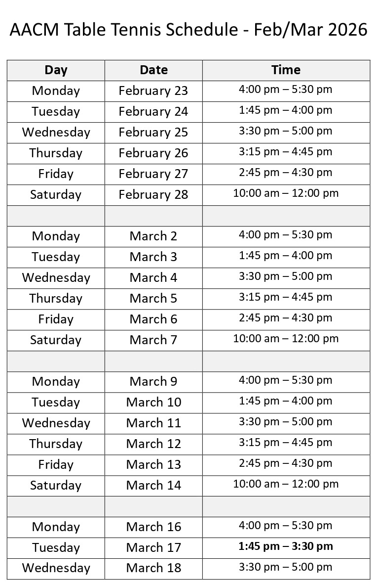 AACM Table Tennis Schedule Feb-Mar 2026 image source: AACM